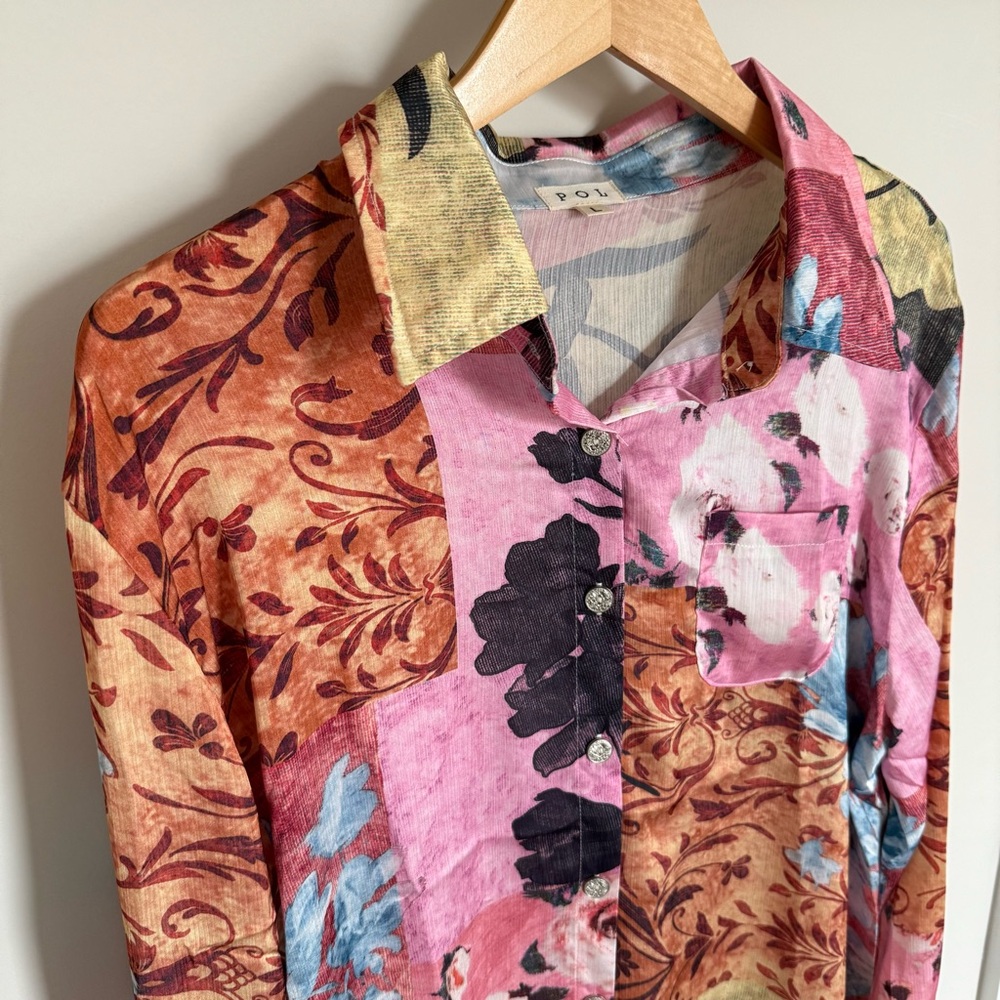 POL The Rose Patchwork Top Button Down Shirt Large - image 5